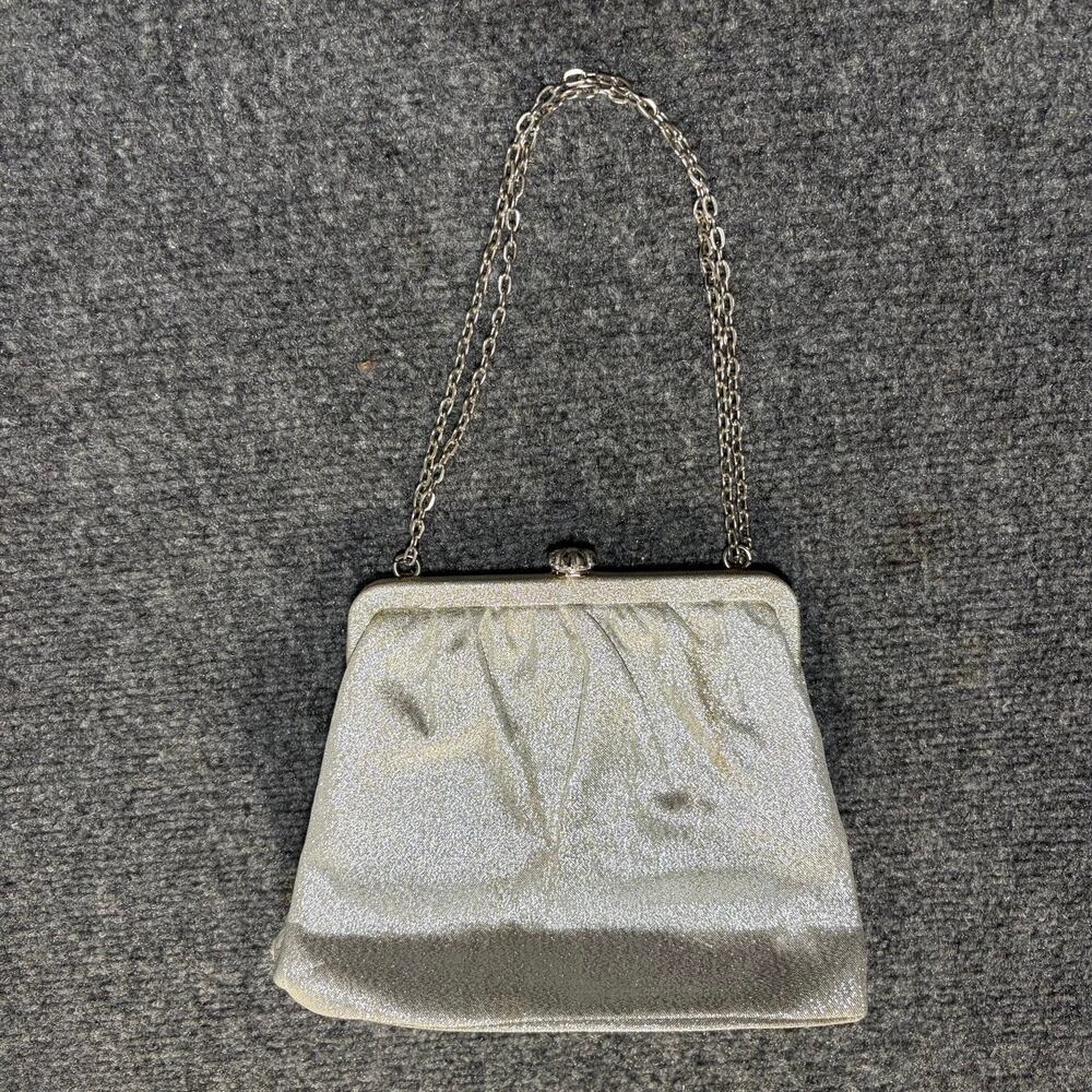Vintage Silver Fabric Evening Bag Kiss Lock Clutch Chain Strap Purse Small